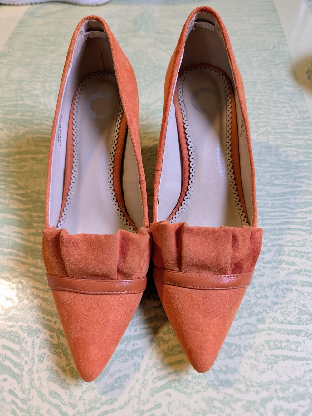 Women's Pointed Toe Suede Flats in Coral with Pleated Accent